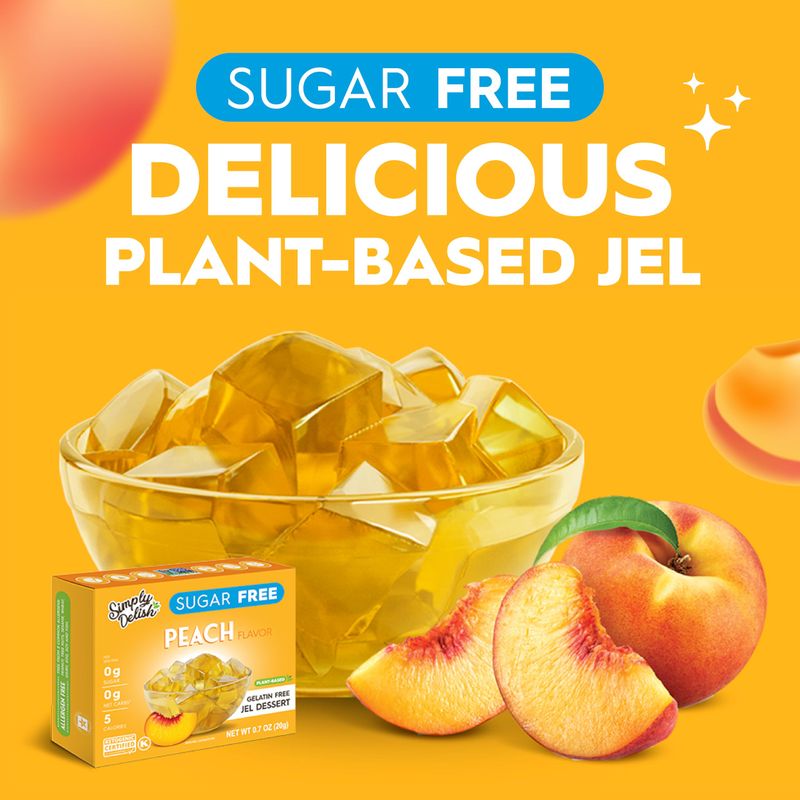 Simply Delish Plant Based Natural Peach Jel Dessert - 6 Pack - Zero Sugar, 0g Net Carbs, Gluten Free, Vegan, Diabetic &amp; Allergen Free