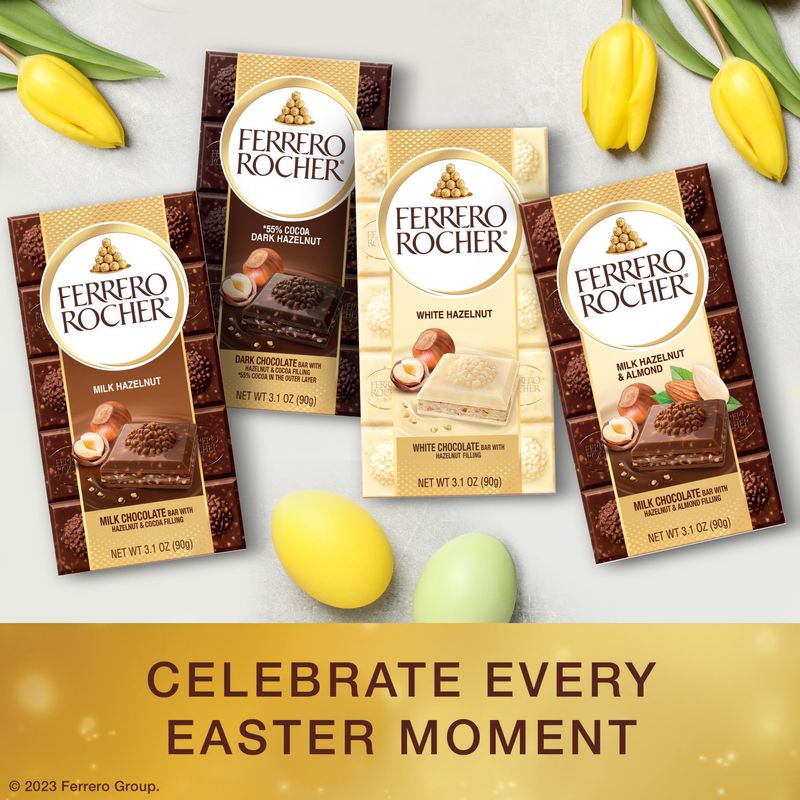 Ferrero Rocher Premium Chocolate Bars, 8 Pack, Milk Chocolate Hazelnut &amp; Almond, Luxury Chocolate, Individually Wrapped Holiday Treats, 3.1 oz Each