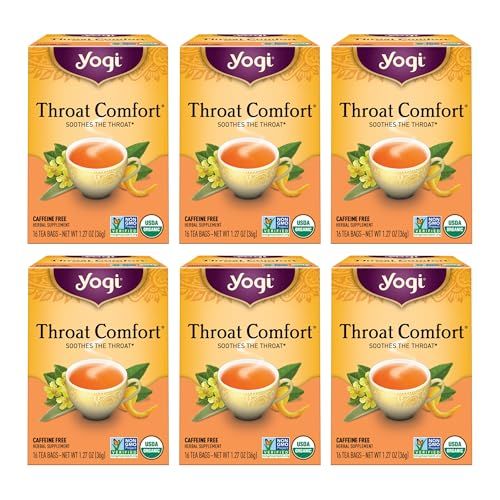 Yogi Tea - Throat Comfort (6 Pack) - Soothes the Throat with Wild Cherry Bark, Licorice Root, Mullein, and Ginger - Caffeine Free - 96 Organic Herbal Tea Bags