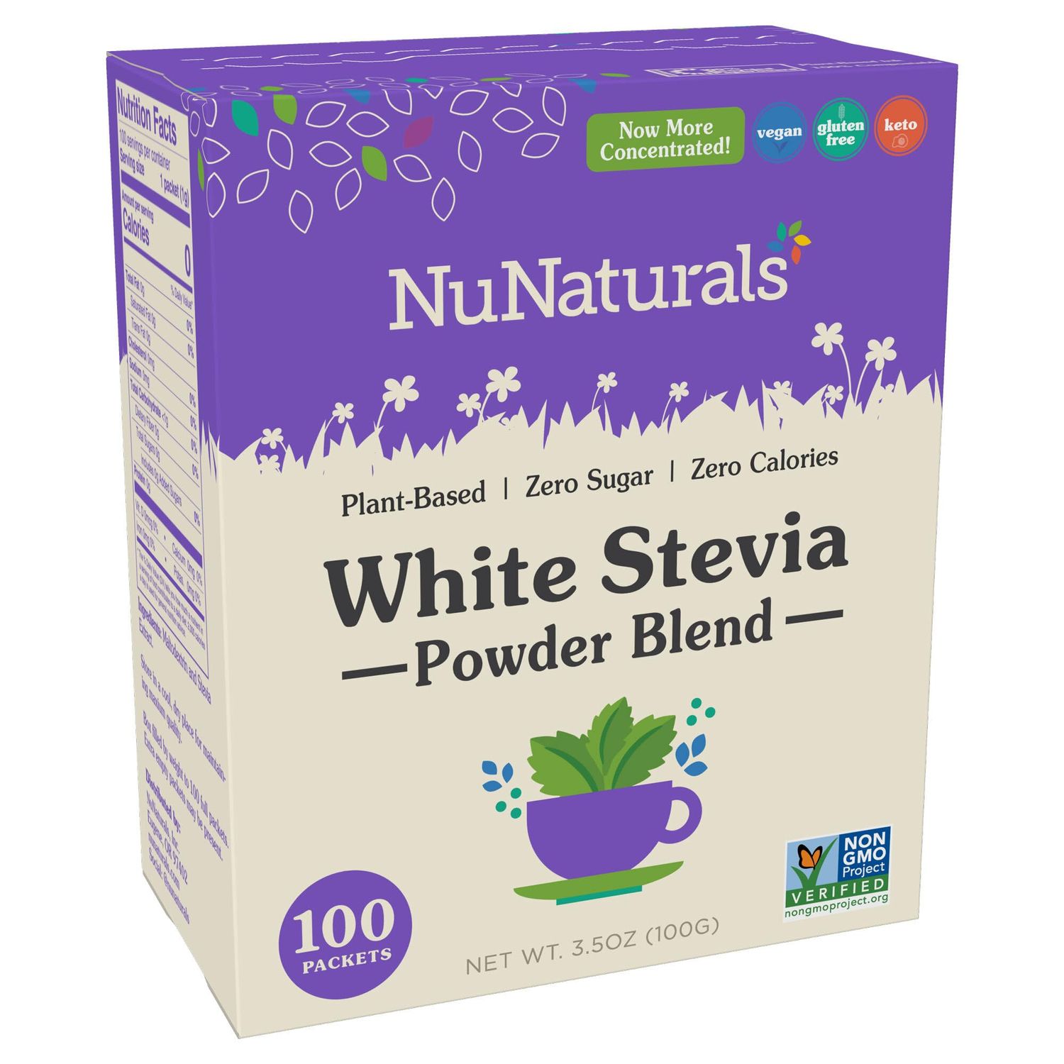 NuNaturals White Stevia Powder, All Purpose Natural Sweetener, Sugar-Free, 100 Packets