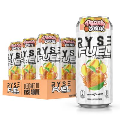 RYSE Fuel Sugar Free Energy Drink | Vegan Friendly, Gluten Free | No Fillers &amp; No Artificial Colors | 0 Calories | 200mg Natural Caffeine | 12 Pack (Peach Cooler)