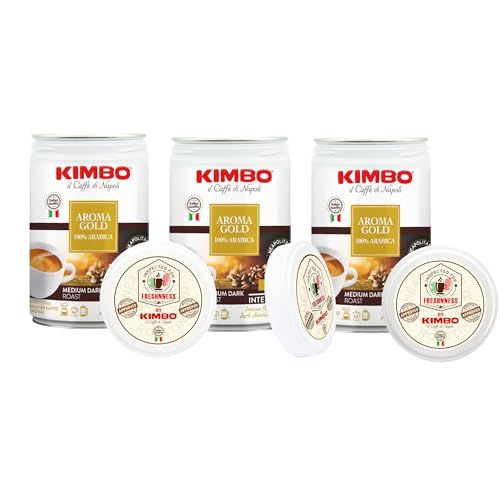 Kimbo Aroma Gold 100% Arabica Ground Coffee | Medium Dark Roast | 9/13 Intensity | Intense Flavor &amp; Dark Chocolate Notes | 8.8 oz Can - Pack of 3