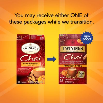 Twinings Pumpkin Spice Chai Black Tea Individually Wrapped Bags, 20 Count (Pack of 6), Warm, Spicy &amp; Aromatic, Caffeinated, Enjoy Hot or Iced