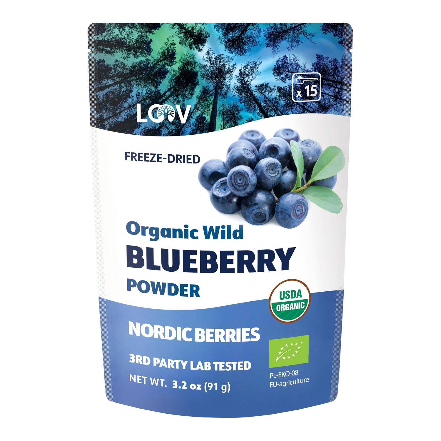 LOOV Organic Wild Blueberry Powder - 15-Day Supply, 3.2 Oz, Good for Smoothie &amp; Breakfast, Freeze-Dried, from Northern Europe, No Added Sugar
