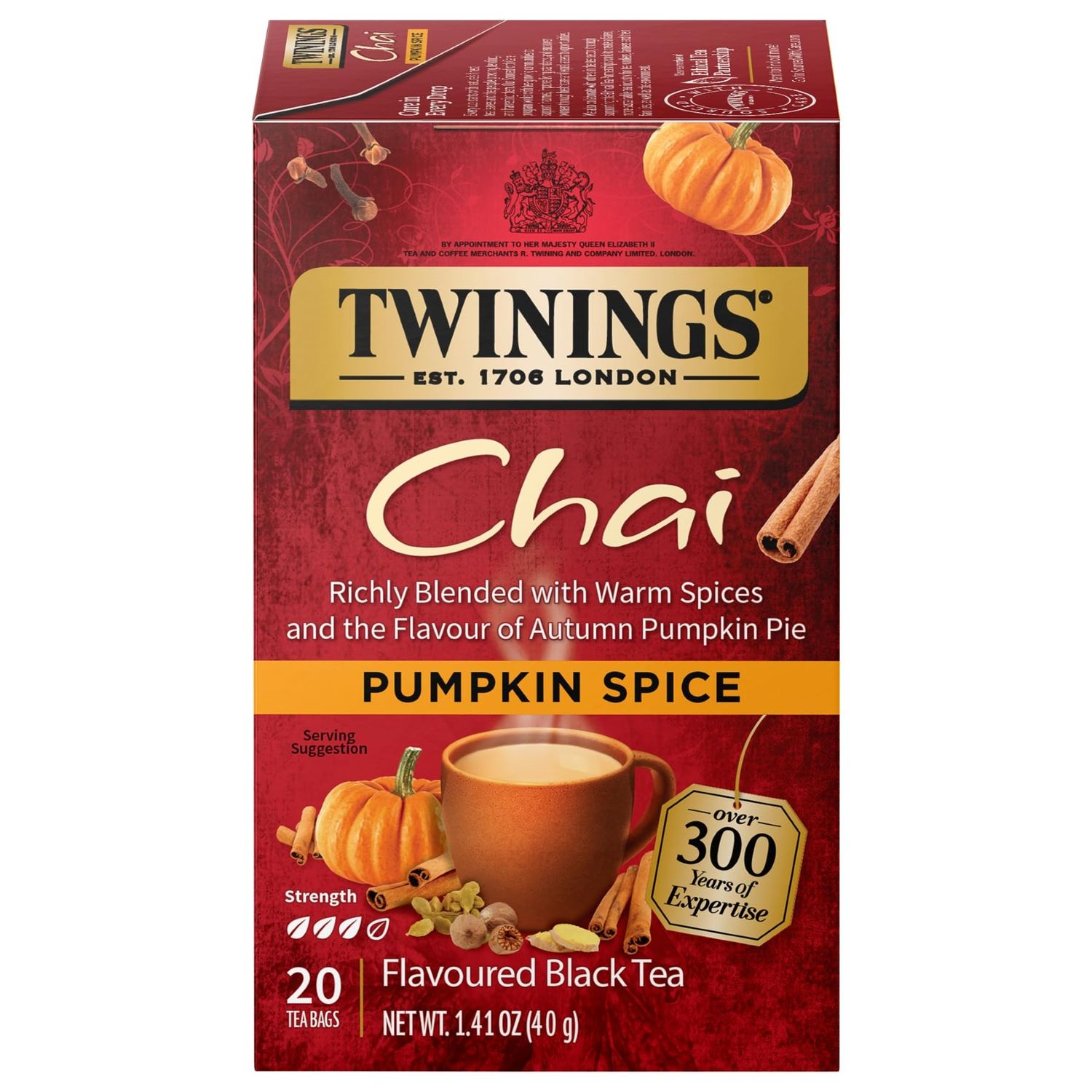 Twinings Pumpkin Spice Chai Black Tea Individually Wrapped Bags, 20 Count (Pack of 6), Warm, Spicy &amp; Aromatic, Caffeinated, Enjoy Hot or Iced