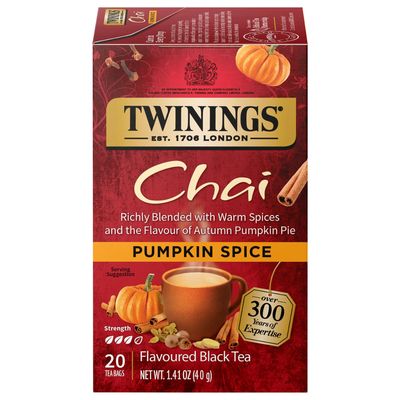 Twinings Pumpkin Spice Chai Black Tea Individually Wrapped Bags, 20 Count (Pack of 6), Warm, Spicy &amp; Aromatic, Caffeinated, Enjoy Hot or Iced