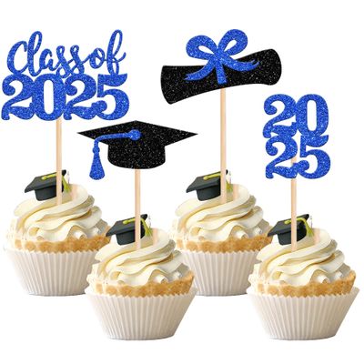 36 PCS 2025 Graduation Theme Cupcake Toppers Glitter Class of 2025 Graduation Cap Diploma Cupcake Picks 2025 Graduation Theme Party Cake Decorations Supplies Deep Blue