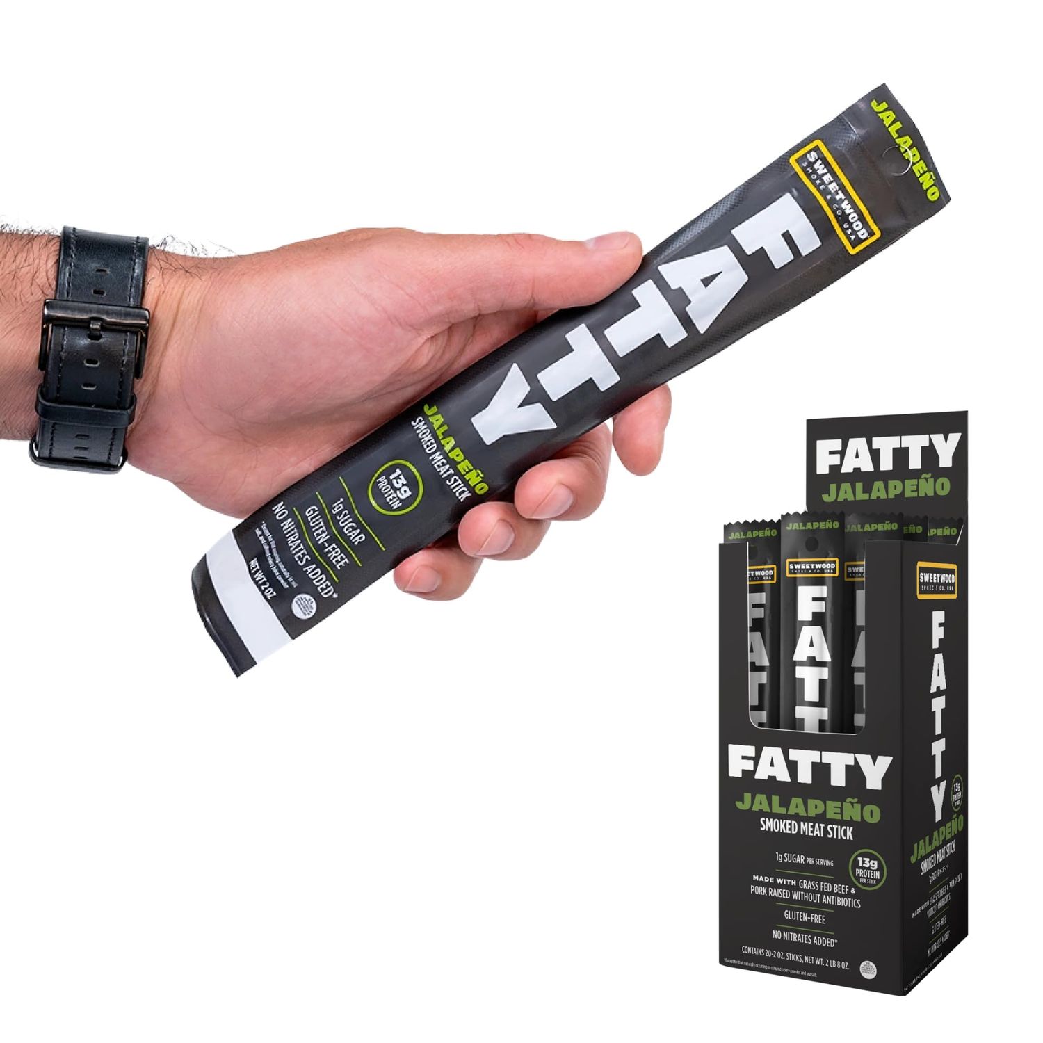 FATTY Meat Sticks, Grass-Fed Beef, High Protein Snack, Camping, Sports, Road Trip, Low Carb, Gluten Free, MSG Free, Nitrate Free, Jalapeno Flavor, 2 Ounce (Pack of 20)