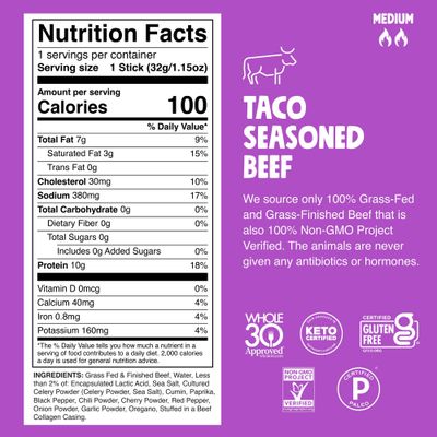 Chomps Grass-Fed Taco Beef Jerky Snack Sticks 24-Pack - Keto, Paleo, Whole30, 10g Lean Meat Protein, Gluten-Free, Zero Sugar Food, Non-GMO