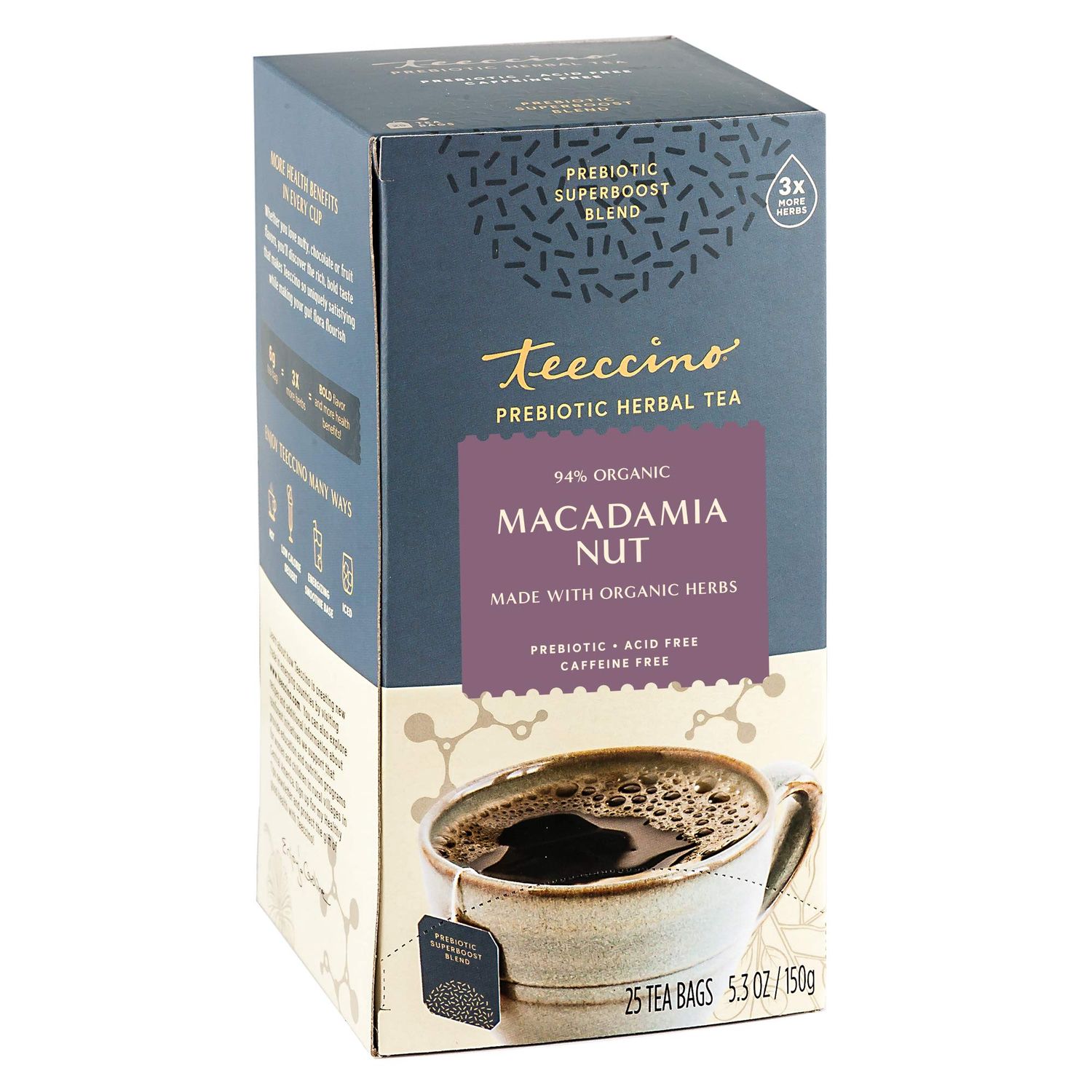 Teeccino Macadamia Nut - Prebiotic SuperBoost Herbal Tea - Support Your Probiotics with Vegan GOS &amp; Organic XOS For Good Gut Health - Digestive Dessert Tea, 25 Tea Bags