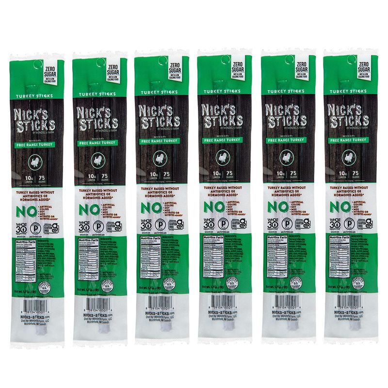 Nick's Sticks | Free Range Turkey Snack Sticks | Made in the USA | Gluten Free | Paleo, Keto, Whole30 Approved | No Soy, Antibiotics or Hormones (6 - 1.7oz. Packs of 2 Sticks)