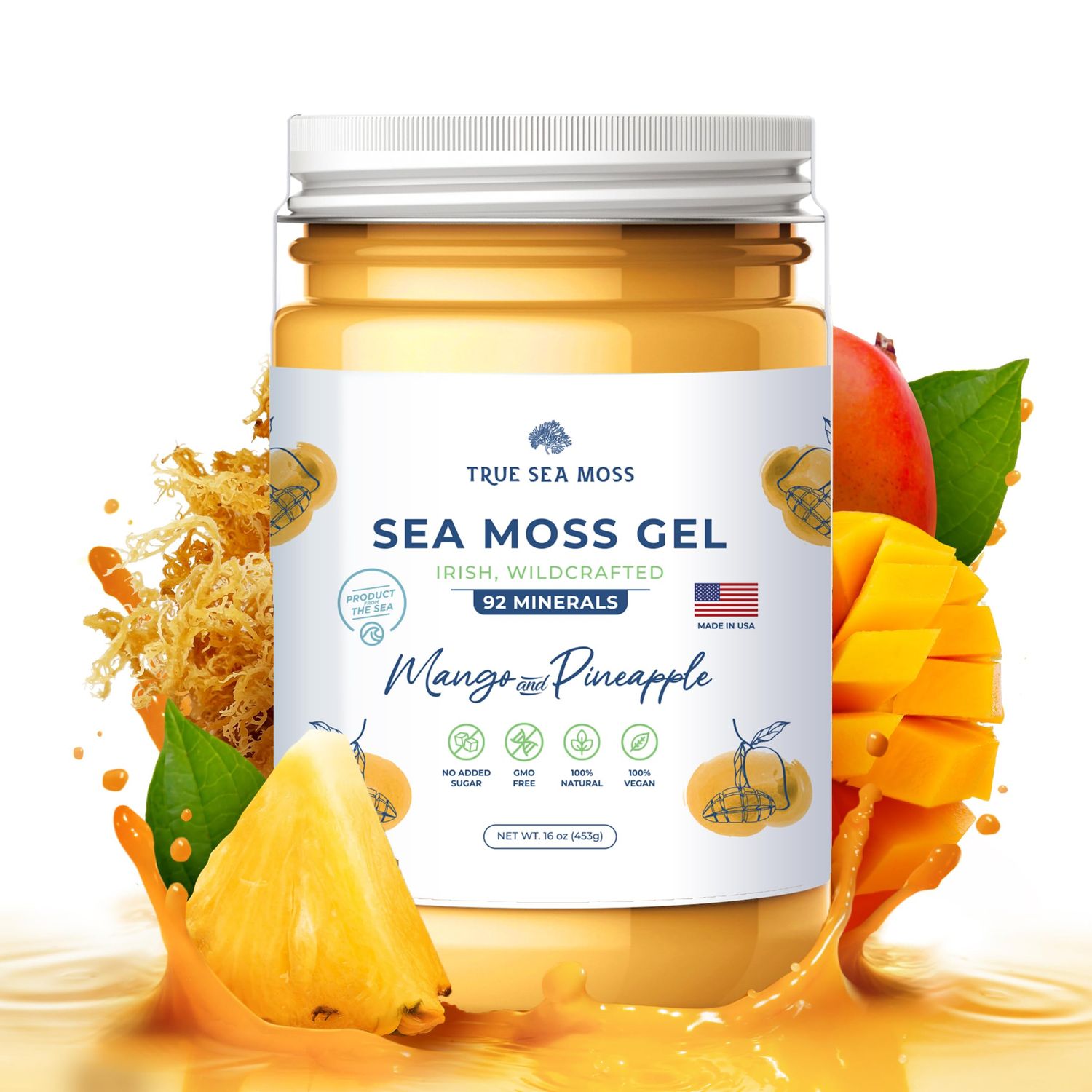 TrueSeaMoss Wildcrafted Irish Sea Moss Gel -7 Flavors- Nutritious Raw Seamoss Rich in Minerals, Proteins &amp; Vitamins - Antioxidant Health Sea Moss, Vegan Made in USA (MANGO/PINEAPPLE, 1)