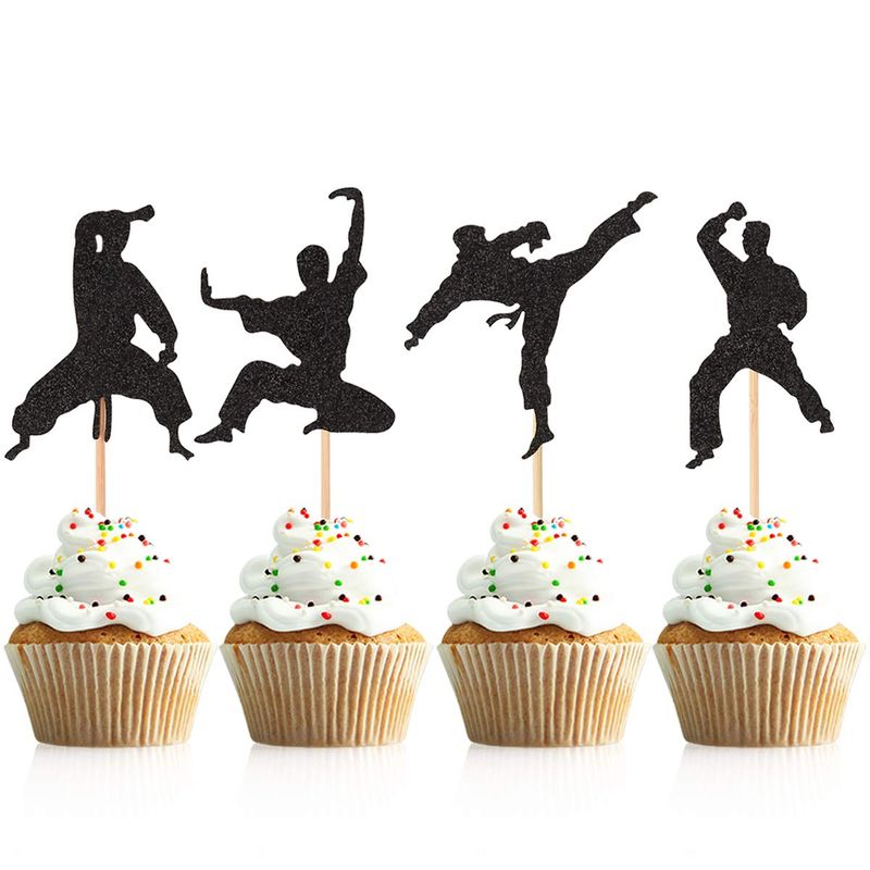 Donoter 48 Pcs Glitter Martial Arts Cupcake Toppers Karate Taekwondo Cake Picks for Kids Birthday Party Table Decorations