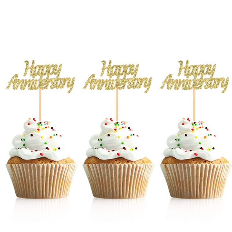 Donoter 48 Pcs Happy Anniversary Cupcake Toppers Picks for Anniversary Party Cake Decorations