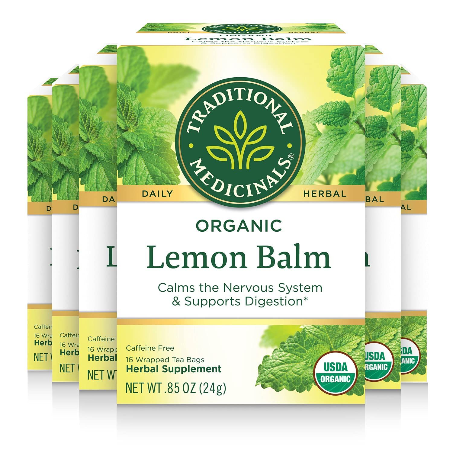 Traditional Medicinals - Organic Lemon Balm Herbal Tea (6 Pack) - Stress Relief &amp; Supports Digestion - 96 Tea Bags Total