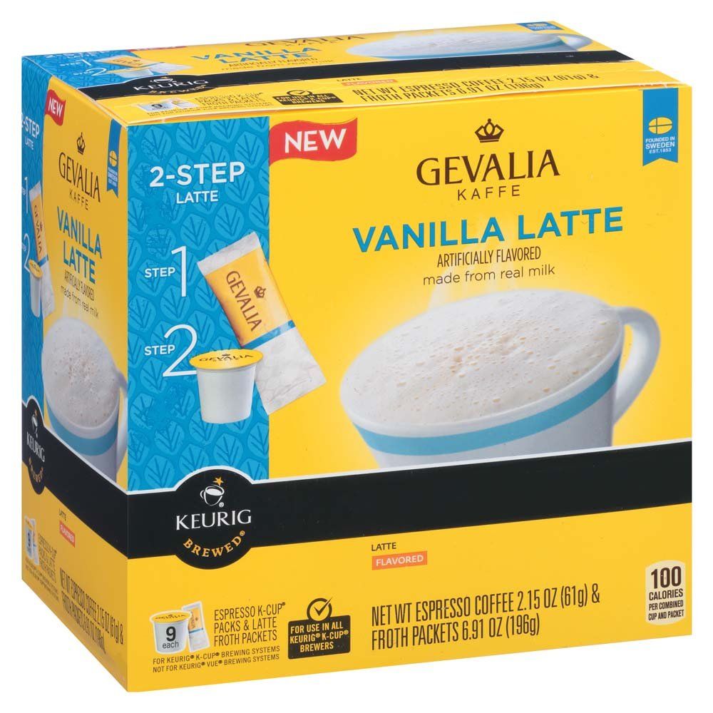 Gevalia Vanilla Latte Espresso Coffee with Froth Packets, K-Cup Pods, 9 Count