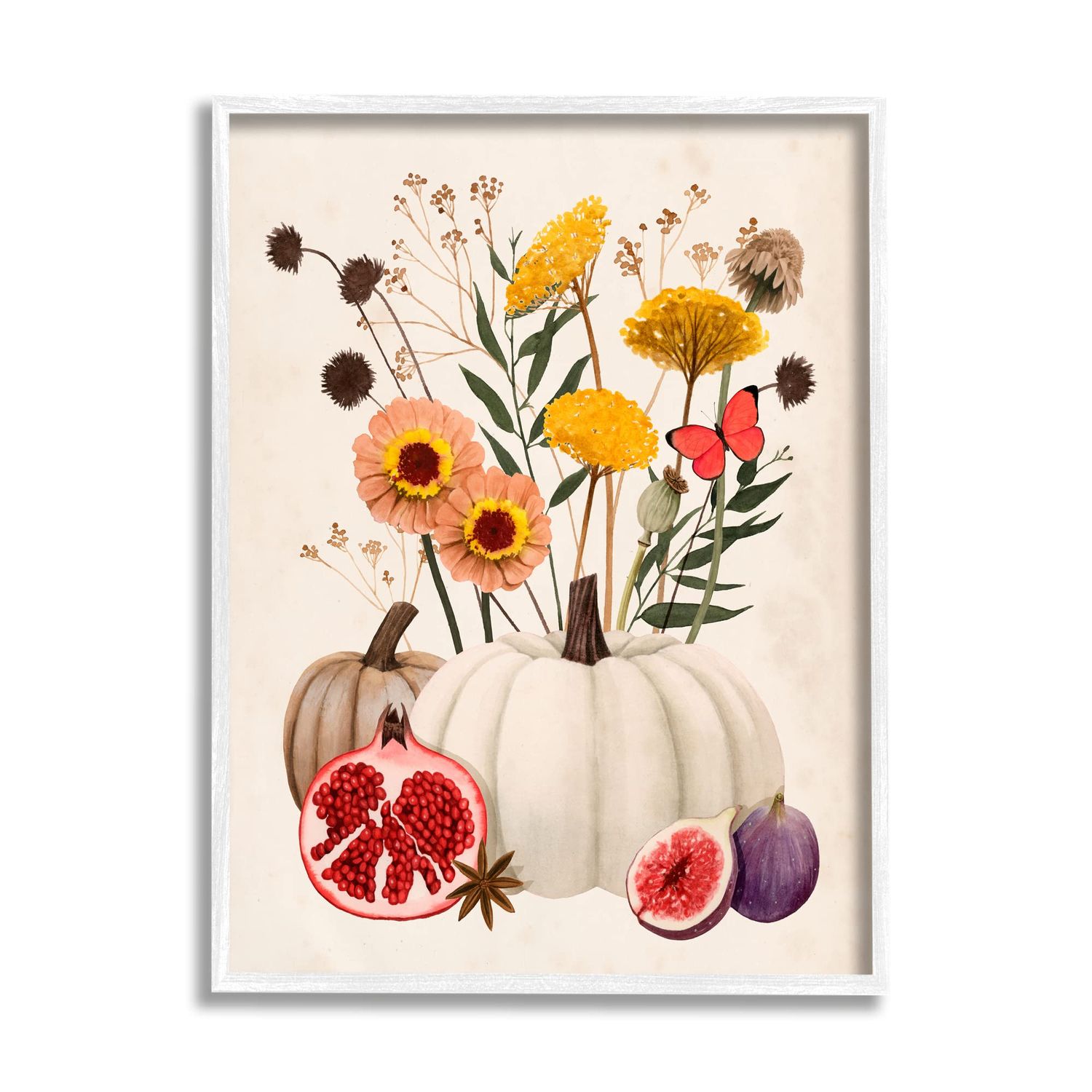 Stupell Industries Autumn Harvest Arrangement Pumpkin Pomegranate Fig Fruits White Framed Wall Art, 11 x 14, Beige