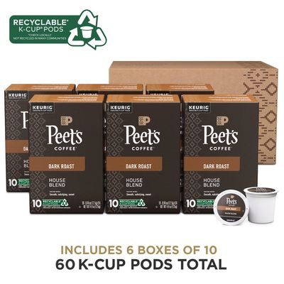 Peet's Coffee, Dark Roast K-Cup Pods for Keurig Brewers - House Blend 60 Count (6 Boxes of 10 K-Cup Pods) Packaging May Vary