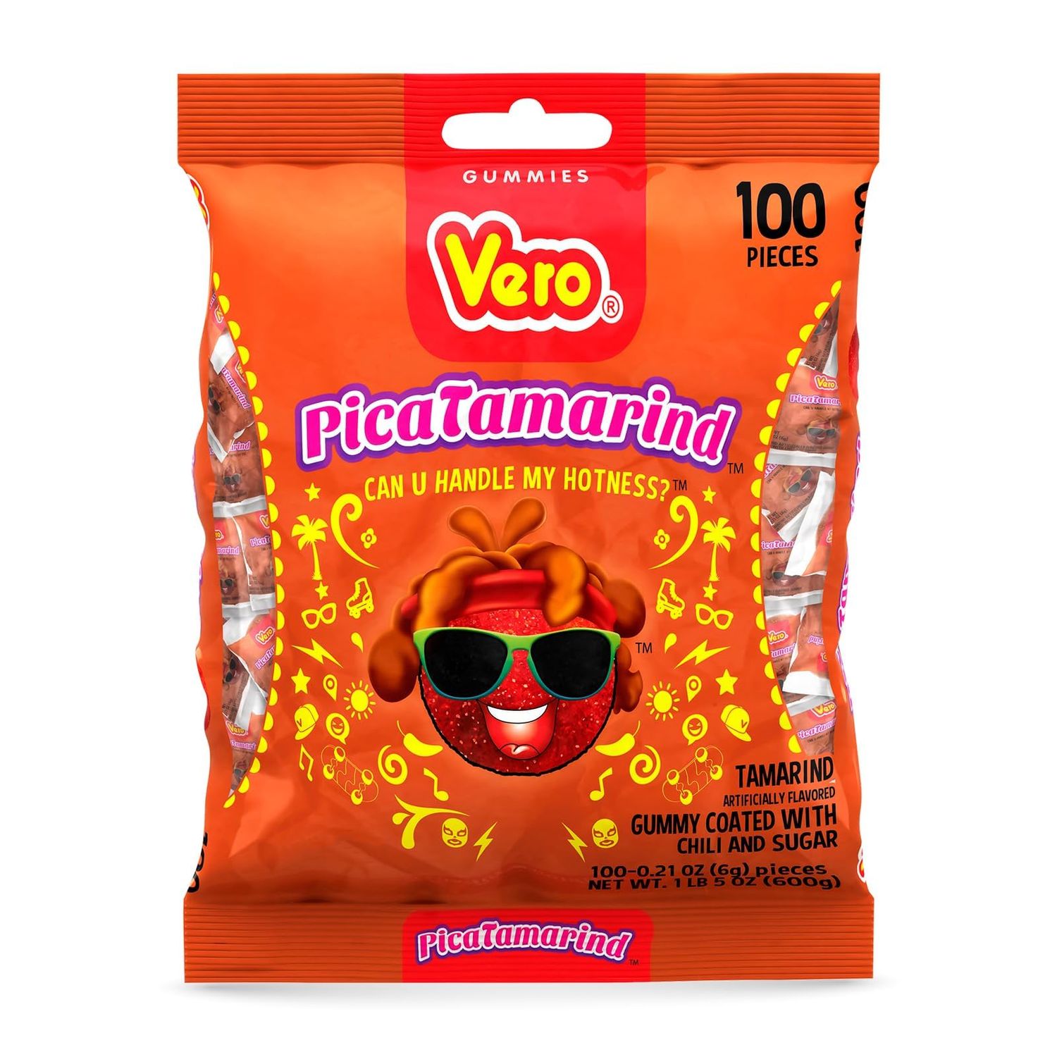 Vero PicaTamarind - Tamarind Flavor Chewy Gummy Treats Coated With Chili Powder &amp; Sugar 100 Pieces (5.15 Oz) - Mexican Candy - Individually Wrapped Gummies for Halloween, Piatas, and More