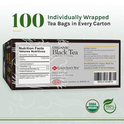 Uncle Lee's Tea Organic Black Tea - Premium Tea, Full-Bodied, Caffeinated Coffee Alternative, Robust Black Tea Bags, Individually Wrapped 100 Count (Pack of 4)