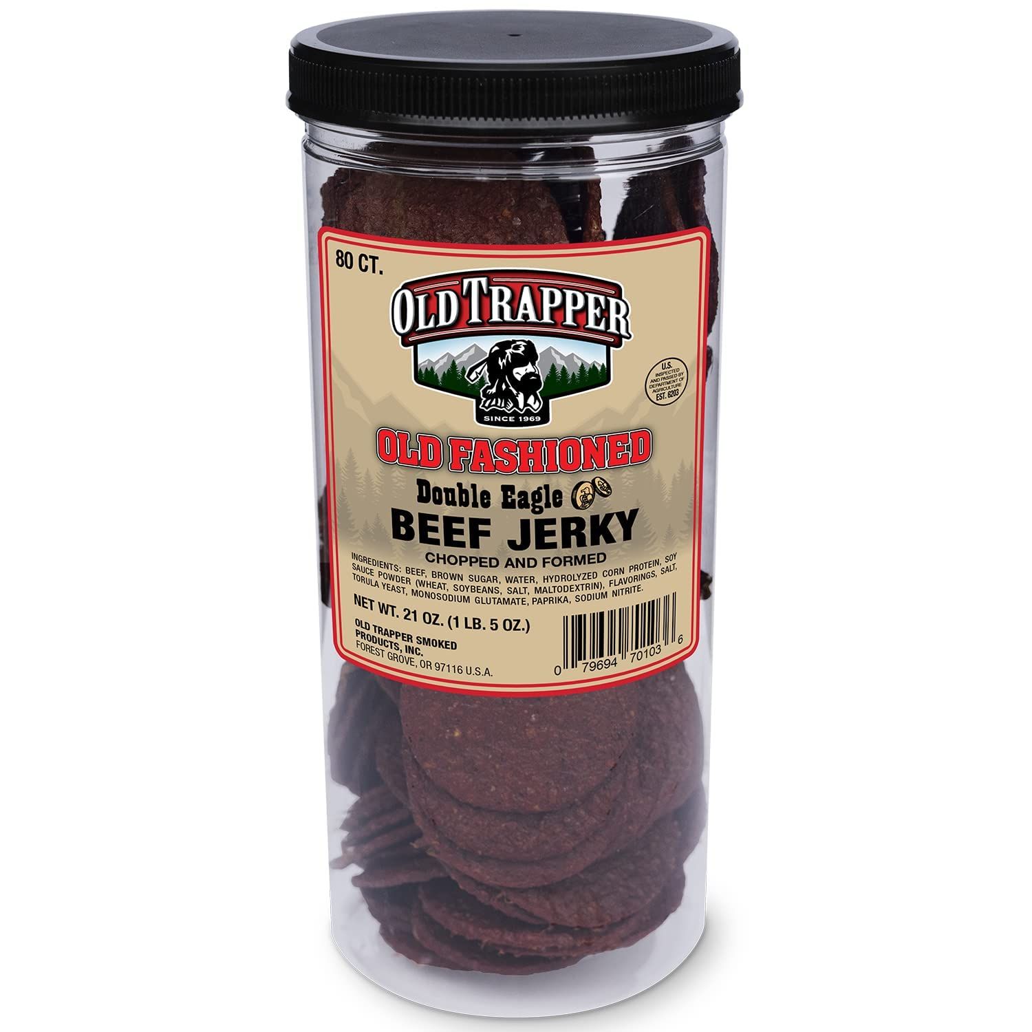 Old Trapper Old Fashioned Double Eagle Beef Jerky | Traditional Style Real Wood Smoked Made From 100% Lean Beef | 1 Jar (80Piece), 80Count