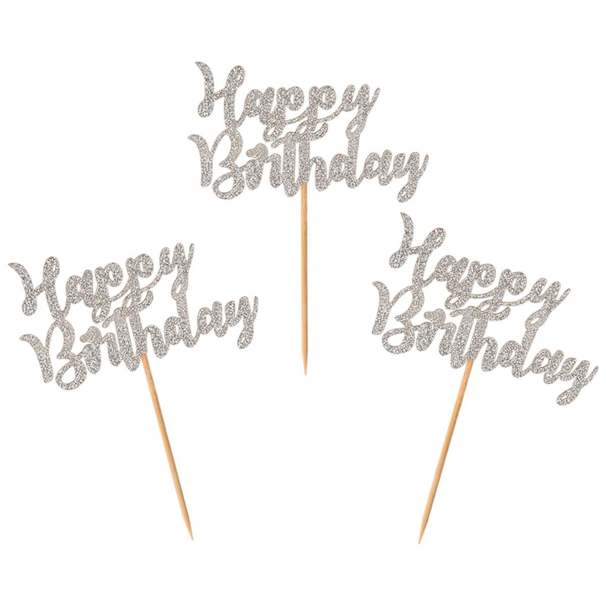 Donoter 24 Pcs Glitter Silver Happy Birthday Cupcake Toppers Cake Picks for Birthday Party Decoration Supplies
