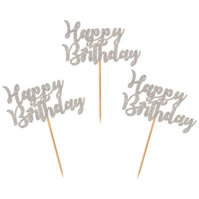 Donoter 24 Pcs Glitter Silver Happy Birthday Cupcake Toppers Cake Picks for Birthday Party Decoration Supplies