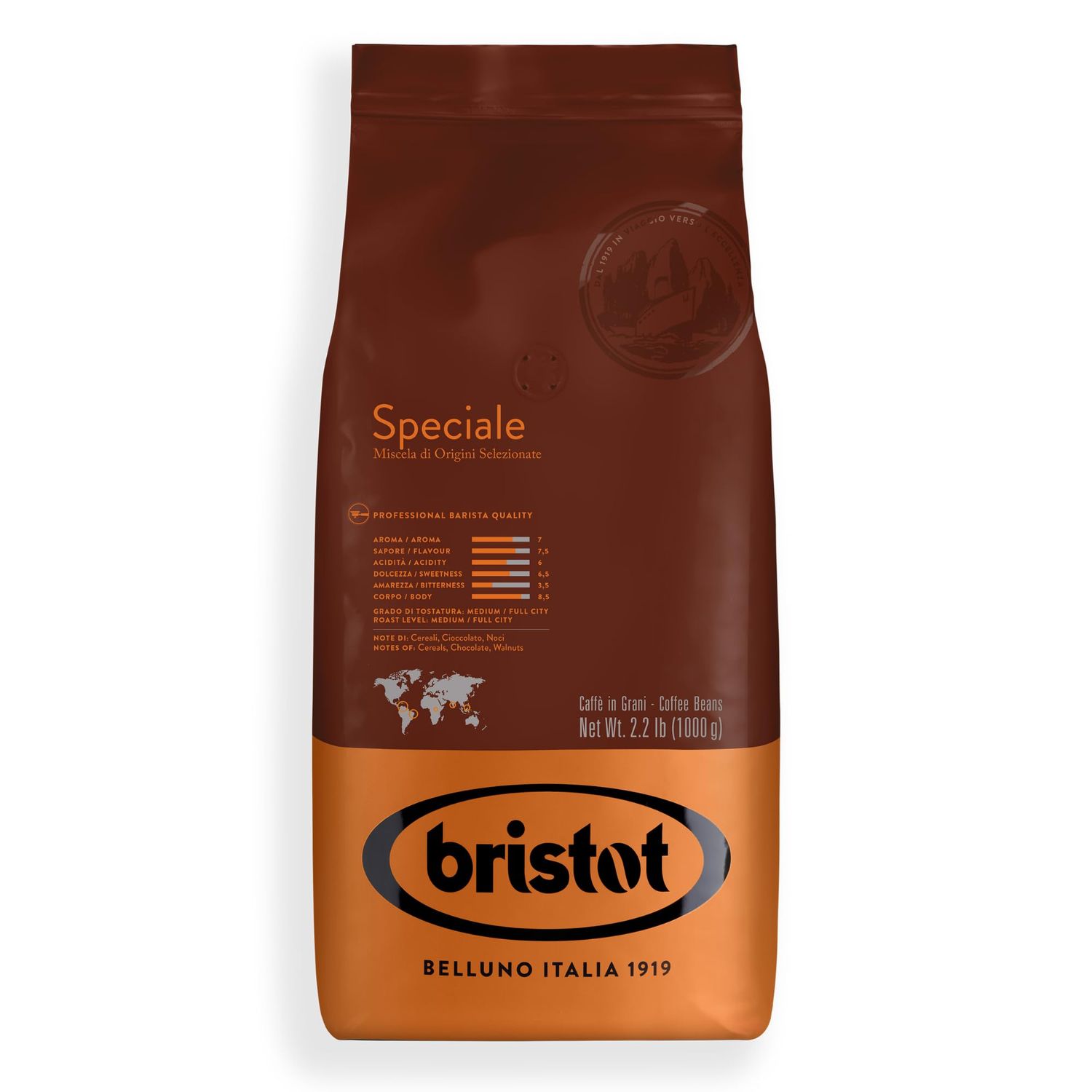 Bristot Speciale Italian Coffee Beans | Italian Espresso Beans Whole | Low Acid | Medium Roast | 2.2 lb/1kg