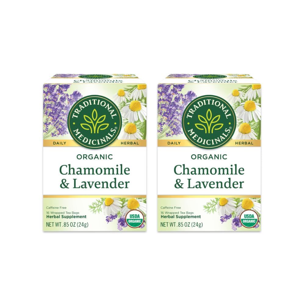 Traditional Medicinals Organic Chamomile &amp; Lavender Herbal Tea, Settles Nervous System, (Pack of 2) - 32 Tea Bags Total