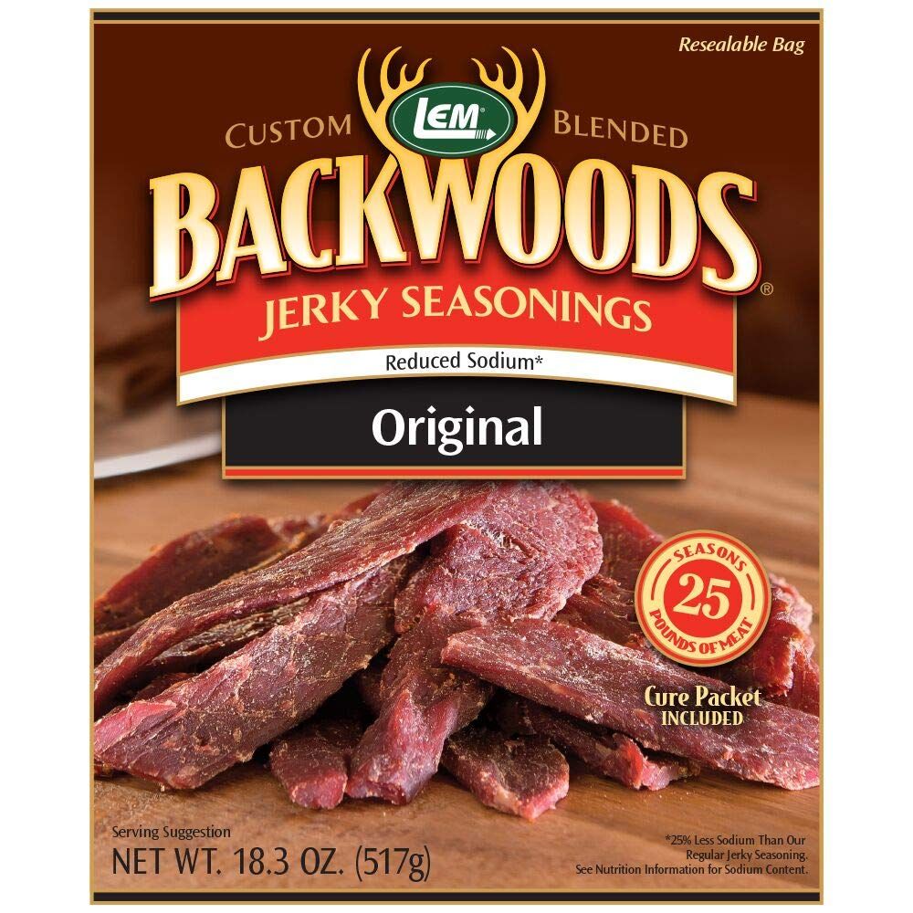 LEM Products Backwoods Reduced Sodium Original Jerky Seasoning, Ideal for Wild Game and Domestic Meat, Seasons Up to 25 Pounds of Meat, 18.3 Ounce Packet with Pre-Measured Cure Packet Included