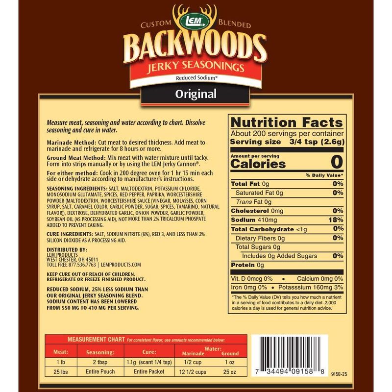 LEM Products Backwoods Reduced Sodium Original Jerky Seasoning, Ideal for Wild Game and Domestic Meat, Seasons Up to 25 Pounds of Meat, 18.3 Ounce Packet with Pre-Measured Cure Packet Included