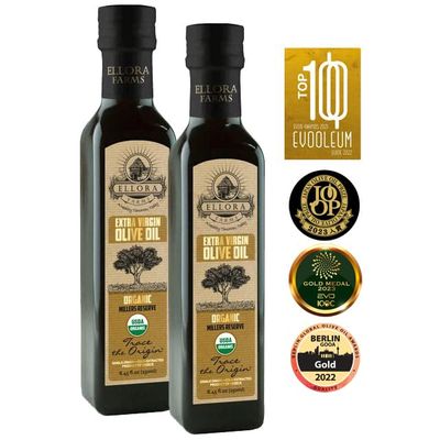 Ellora Farms, USDA Organic Greek Extra Virgin Olive Oil, Single Origin, Traceable, Global Gold Awards, First Cold Press, 8.45 oz. Bottle, Pack of 2