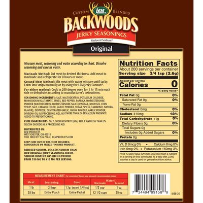 LEM Products Backwoods Reduced Sodium Original Jerky Seasoning, Ideal for Wild Game and Domestic Meat, Seasons Up to 25 Pounds of Meat, 18.3 Ounce Packet with Pre-Measured Cure Packet Included