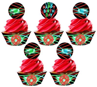 Laser Tag Cupcake Toppers and Wrappers - 48 Pieces - 24 Cupcake Toppers and 24 Cupcake Wrappers - Laser Tag Party Supplies - Laser Tag Party Decorations - Cupcake