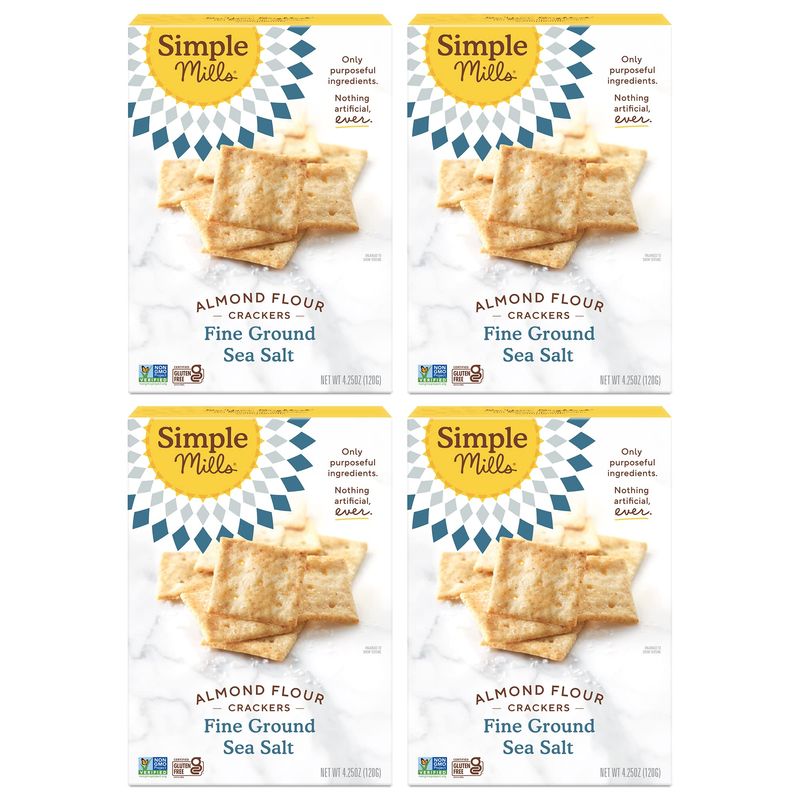 Simple Mills Almond Flour Crackers, Fine Ground Sea Salt - Gluten Free, Vegan, Healthy Snacks, 4.25 Ounce (Pack of 4)