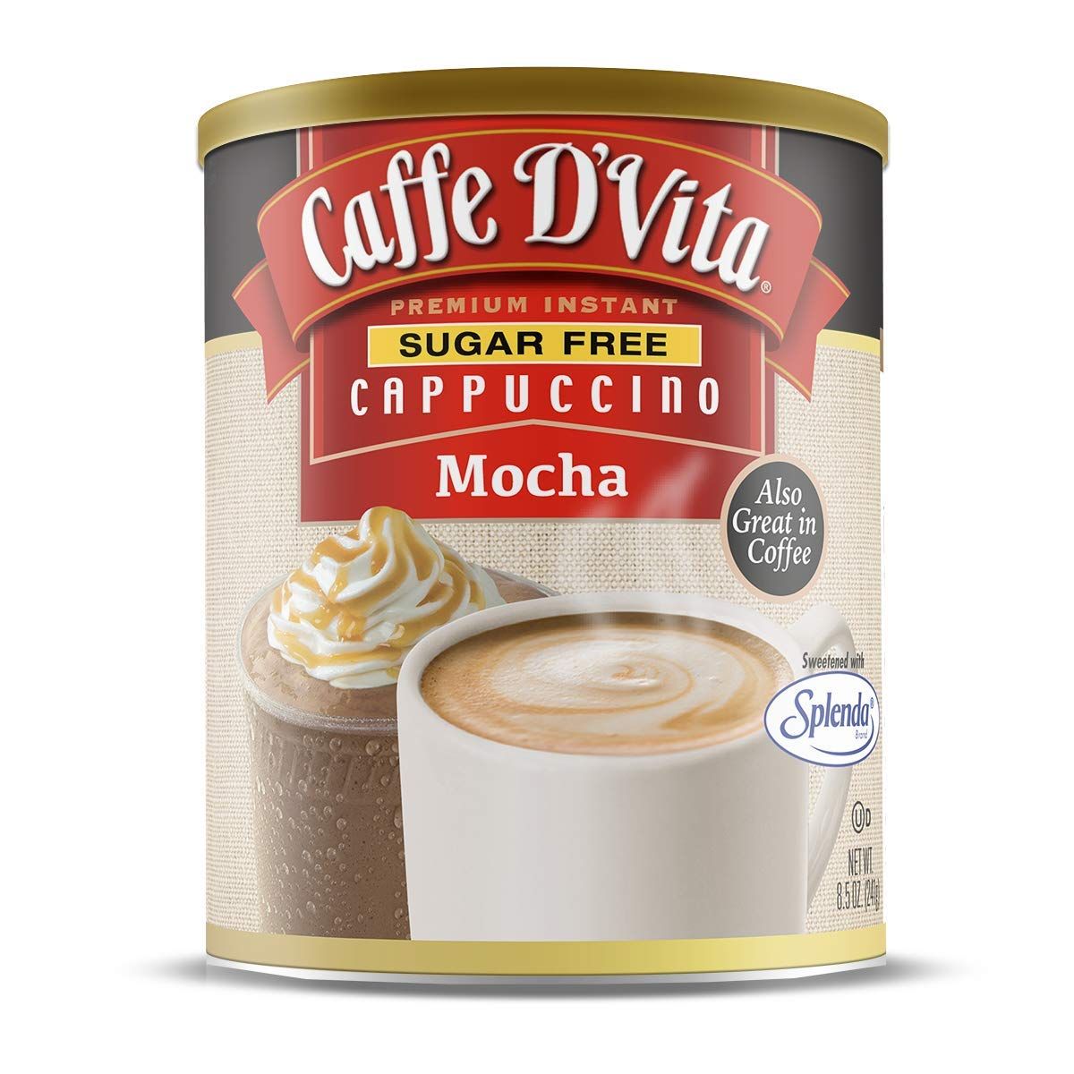 Caffe D&#39;Vita Sugar Free Mocha Cappuccino Mix - Sugar Free Mocha Mix, Gluten Free, No Cholesterol, No Hydrogenated Oils, No Trans Fat, 99% Caffeine Free, Sugar Free Mocha Powder - 8.5 Oz Can