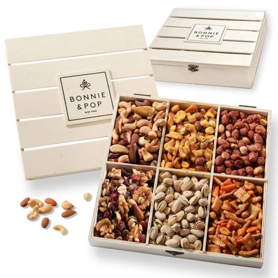 Nut Gift Basket, in Reusable Wooden Crate, Healthy Gift Option, Gourmet Snack Food Box, with Unique Flavors, Great for Feel Better, Sympathy &amp; Birthday- Bonnie &amp; Pop