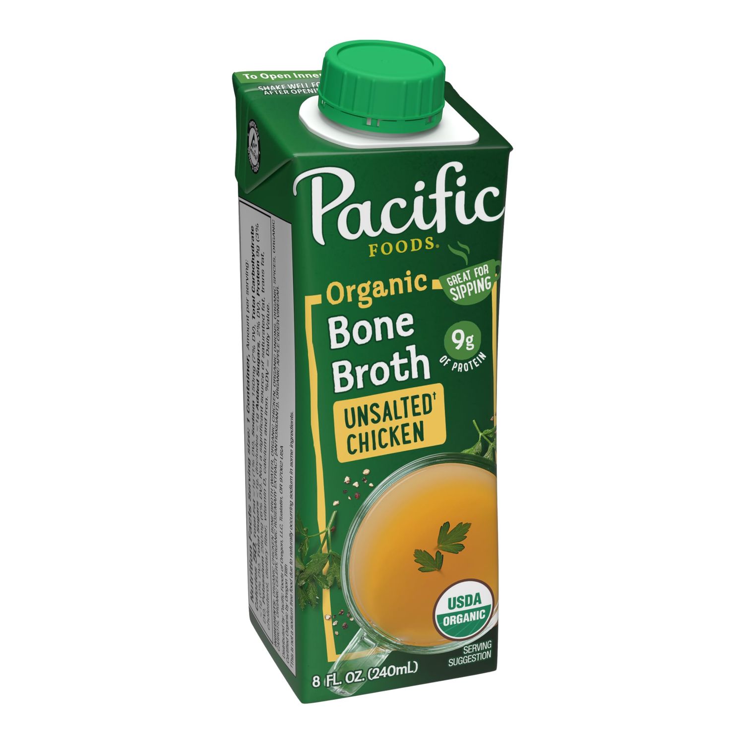 Pacific Foods Organic Unsalted Chicken Bone Broth, 8 oz Carton