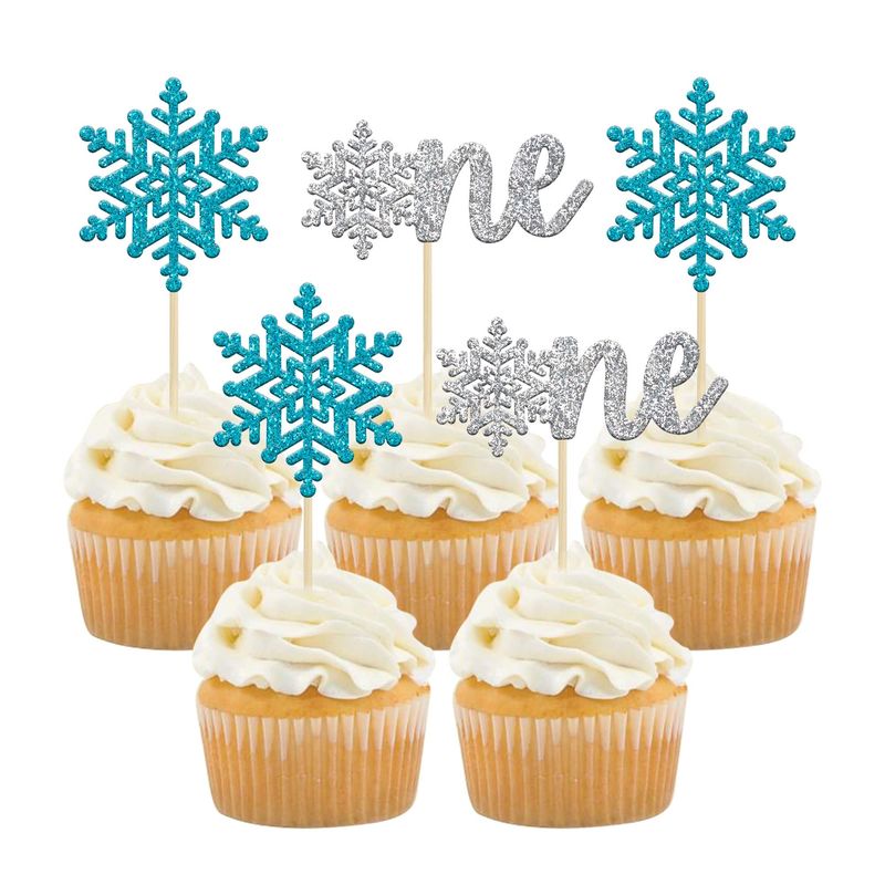 Gyufise 24 Pack Snowflake One Cupcake Toppers Blue Silver Glitter Snowflake Cupcake Pick Decorations for Winter Onederland 1st Birthday Girl Boy Frozen Winter Wonderland Decorations