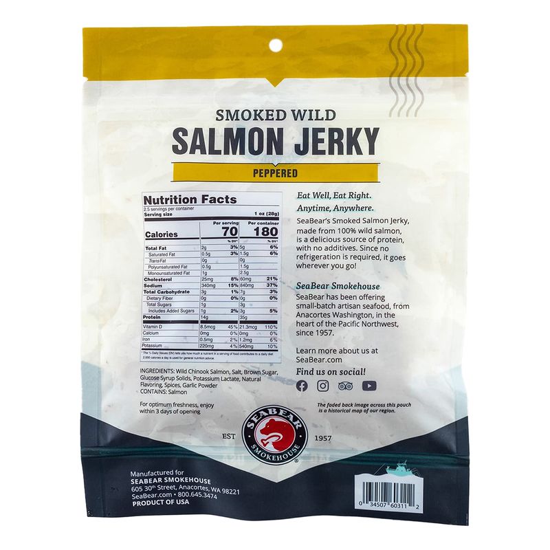 SeaBear - Smoked Wild Alaskan King Salmon Jerky - Peppered - 2.5 oz - 2 Pack