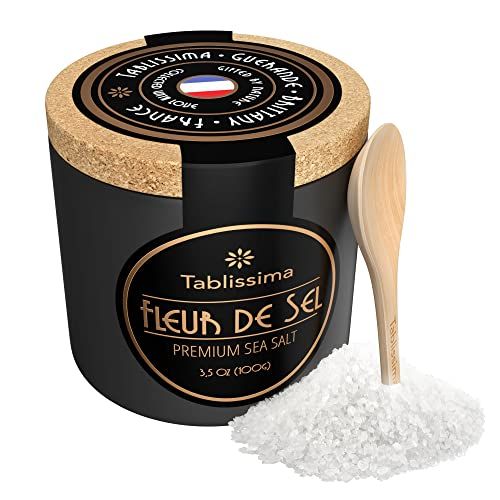 Fleur de Sel - Premium Sea salt from Guerande France - Flaky Sea Salt from the Celtic Sea - Salt Cork box and Wooden salt spoon included - 3.5 Oz (100g)