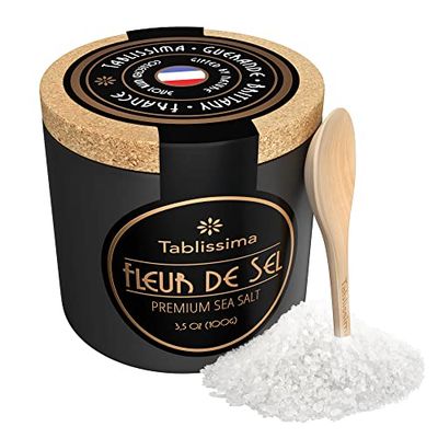Fleur de Sel - Premium Sea salt from Guerande France - Flaky Sea Salt from the Celtic Sea - Salt Cork box and Wooden salt spoon included - 3.5 Oz (100g)