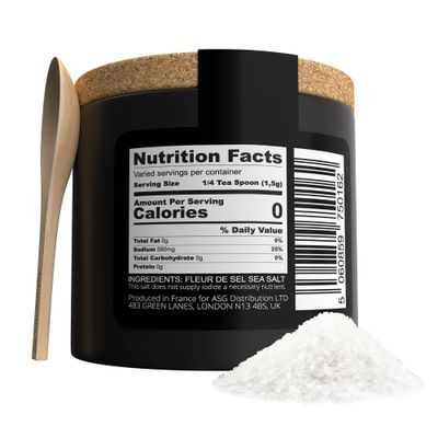 Fleur de Sel - Premium Sea salt from Guerande France - Flaky Sea Salt from the Celtic Sea - Salt Cork box and Wooden salt spoon included - 3.5 Oz (100g)