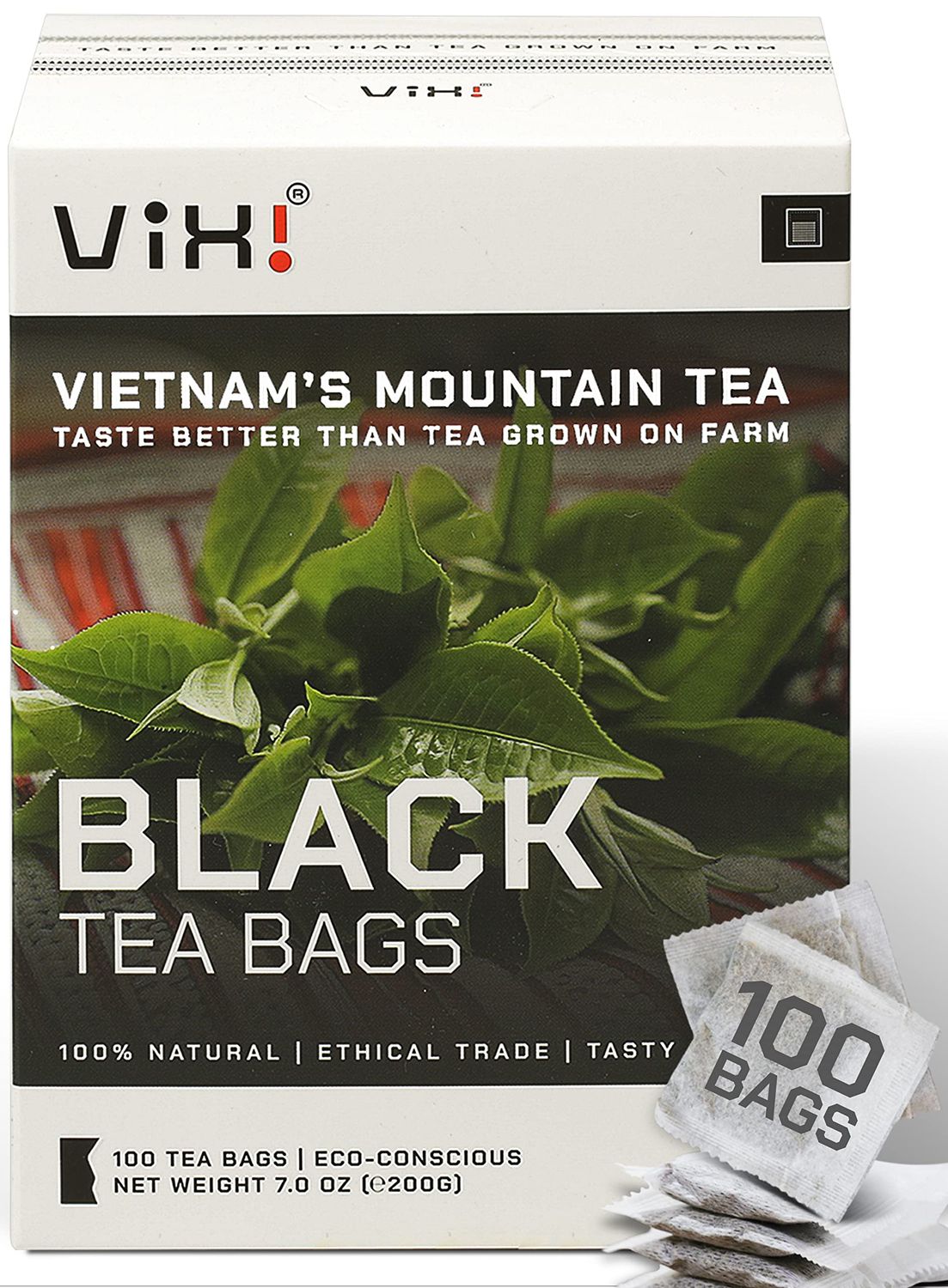 VIXI Black Tea Bags, 100 Counts, Vietnam&#39;s Mountain Tee, Ancient Tea Tree, Bold and Balanced Flavored, Caffeinated, Tagless, Asian, 100% Natural for Hot, Iced and Cold Brew