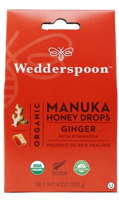 Wedderspoon Organic Manuka Honey Drops, Ginger &amp; Echinacea, 20 Count (Pack of 1) | Genuine New Zealand Honey | Perfect Remedy For Dry Throats