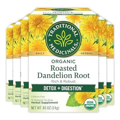 Traditional Medicinals Tea, Organic Roasted Dandelion Root, Supports Kidney Function &amp; Healthy Digestion, 96 Tea Bags (6 Pack)