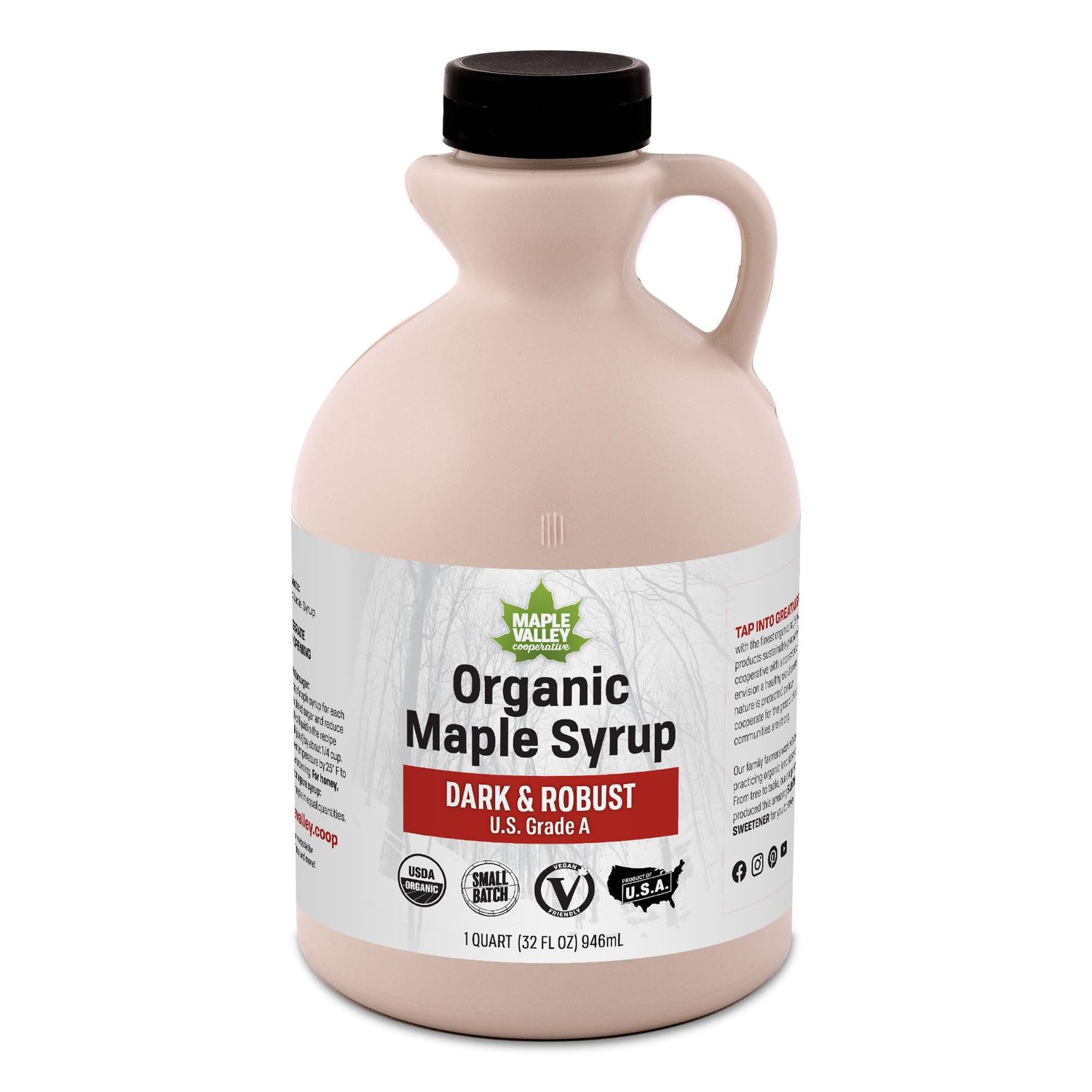 Maple Valley Organic Pure Maple Syrup, Dark &amp; Robust Better Than Pancake Syrup, Use for Coffee Syrup or All-Natural Sugar Substitute in Cooking and Baking (32oz Plastic Jug)
