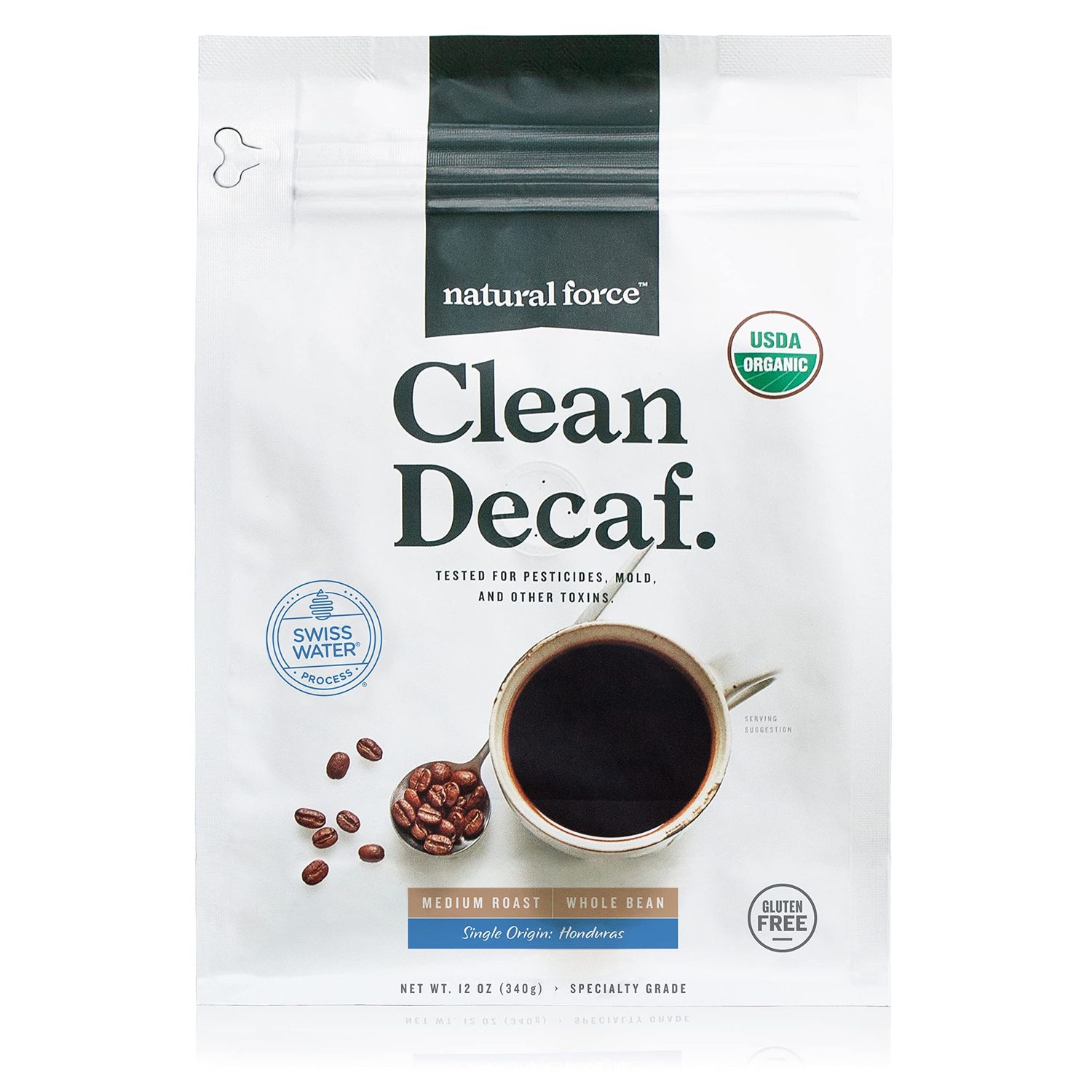 Natural Force - Organic Clean Decaf Coffee, Mold &amp; Mycotoxin Free, Lab Tested for Toxins &amp; Purity, Low Acidity, Whole Bean Swiss Water Decaf Medium Roast, 12 oz