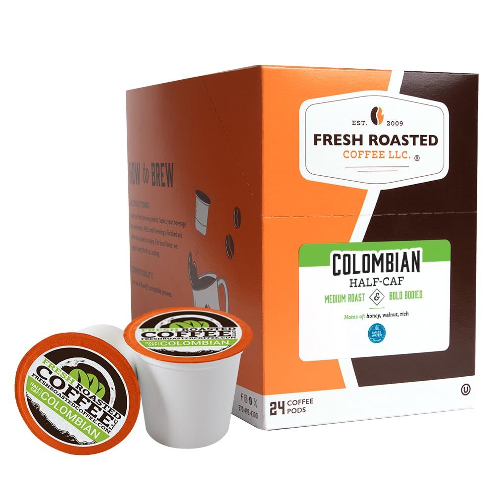 Fresh Roasted Coffee,100% Water Processed Half-Caf Colombian, Kosher, K-Cup Compatible, 24 Pods