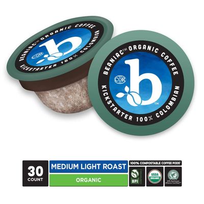 beaniac Organic Kickstarter 100% Colombian, Medium Light Roast, Single Serve Compostable K Cup Coffee Pods, Organic Arabica Coffee, Keurig Brewer Compatible, 30 Count